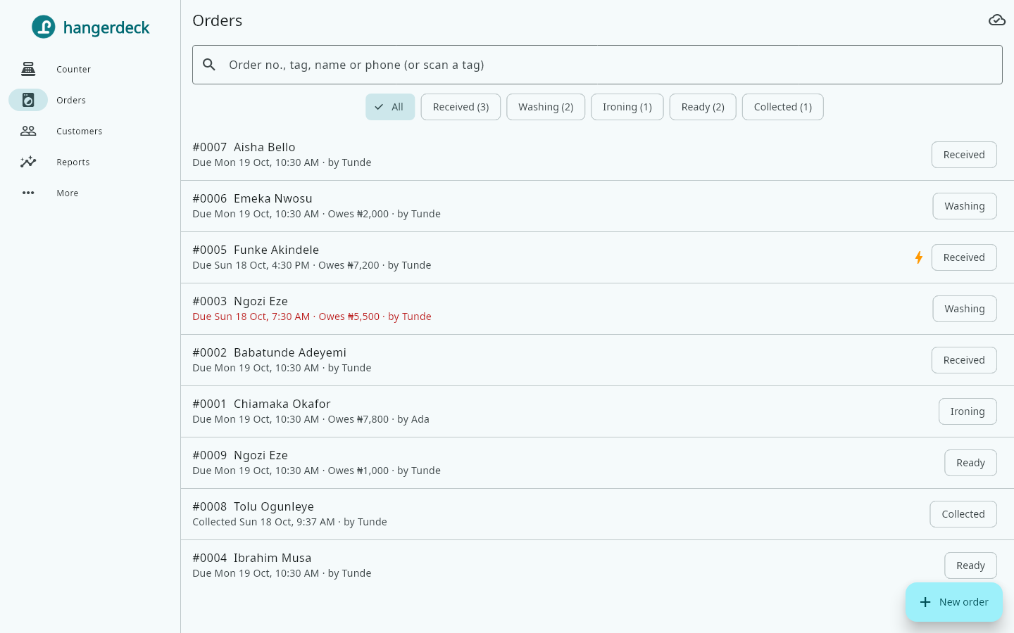 Orders board on a PC: every order with its stage, due time, balance and attendant