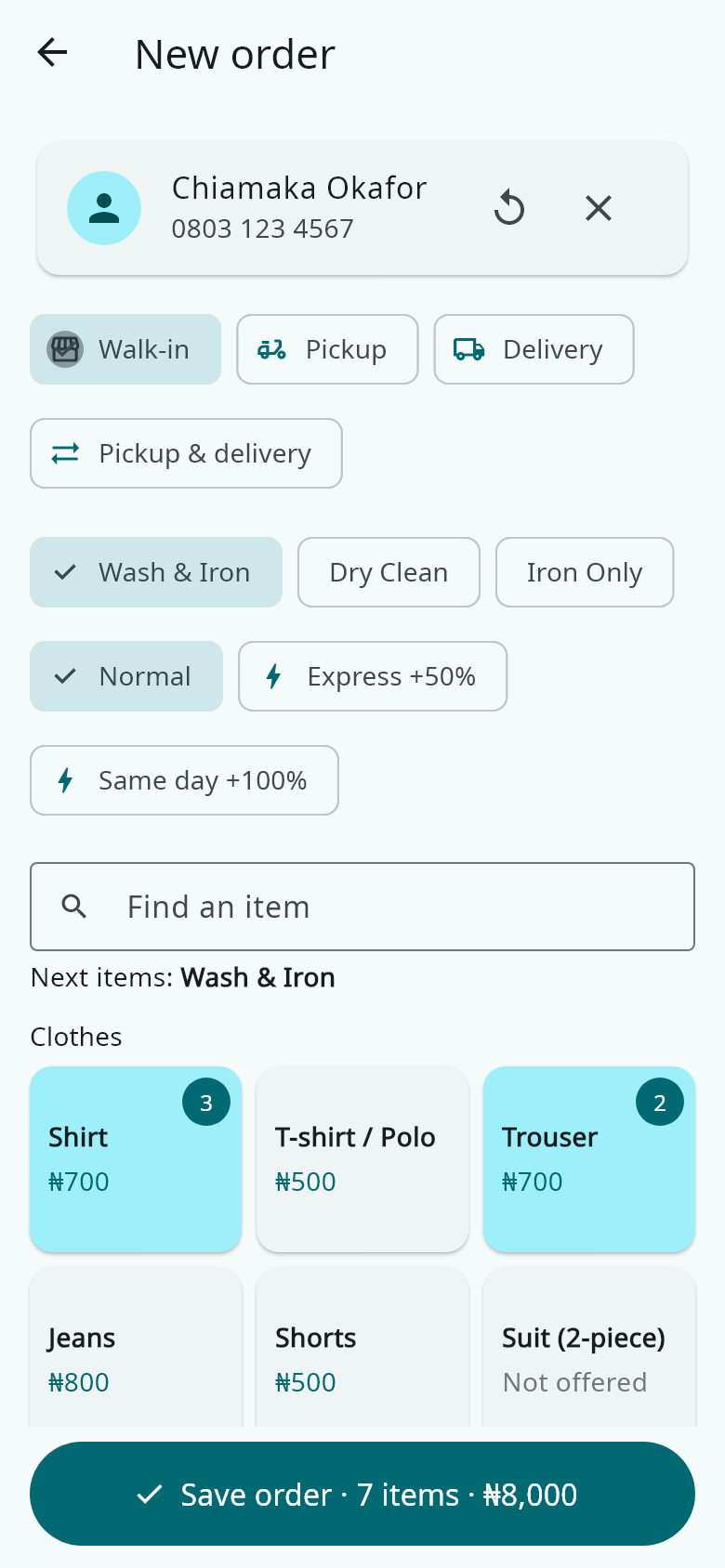 New order screen with item buttons and prices in naira