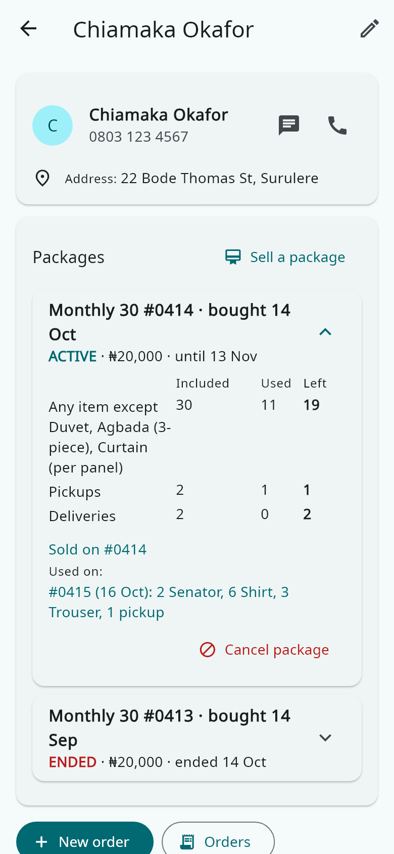 A customer's monthly package on a phone: 30 pieces of any item except duvets, agbada and curtains, 11 used, 19 left